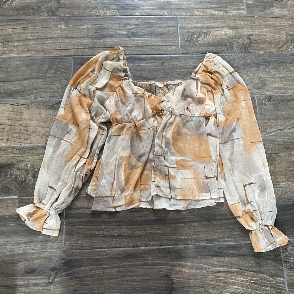 Blu Pepper Semi Sheer Long Sleeve Brown Tan Size Small (025)
